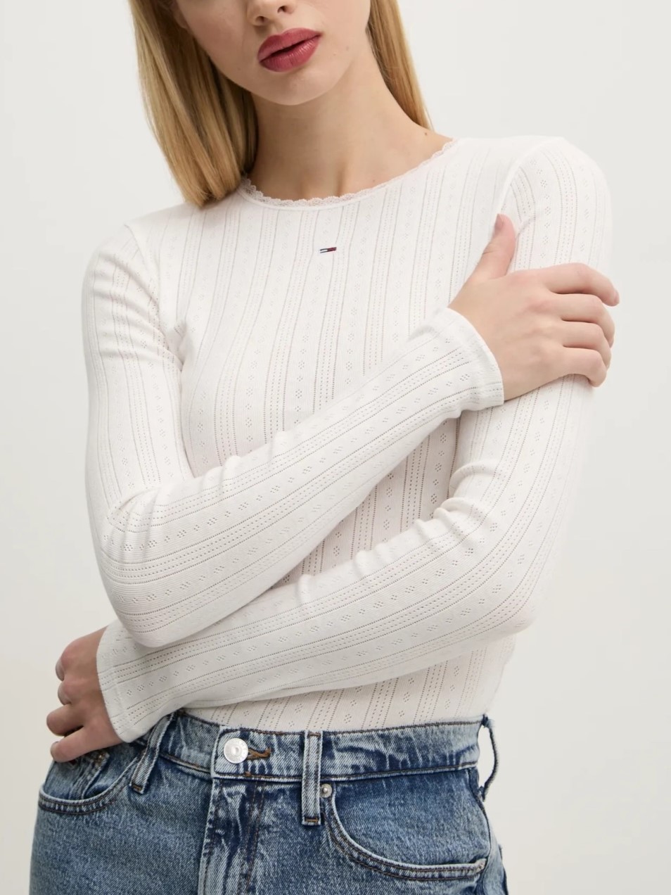 Μπλούζα με μακρύ μανίκι TJW Slim Pointelle Rib Ecru Tommy Jeans