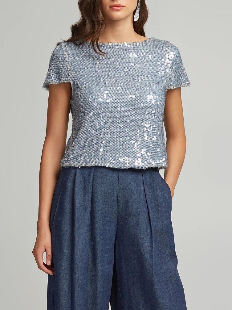 Μπλούζα με κοντό μανίκι κρόπ και παγιέτες blue Lynne