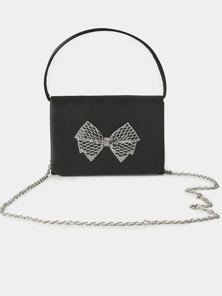 Τσάντα σατέν χειρός με φιόγκο από στρας black Lynne