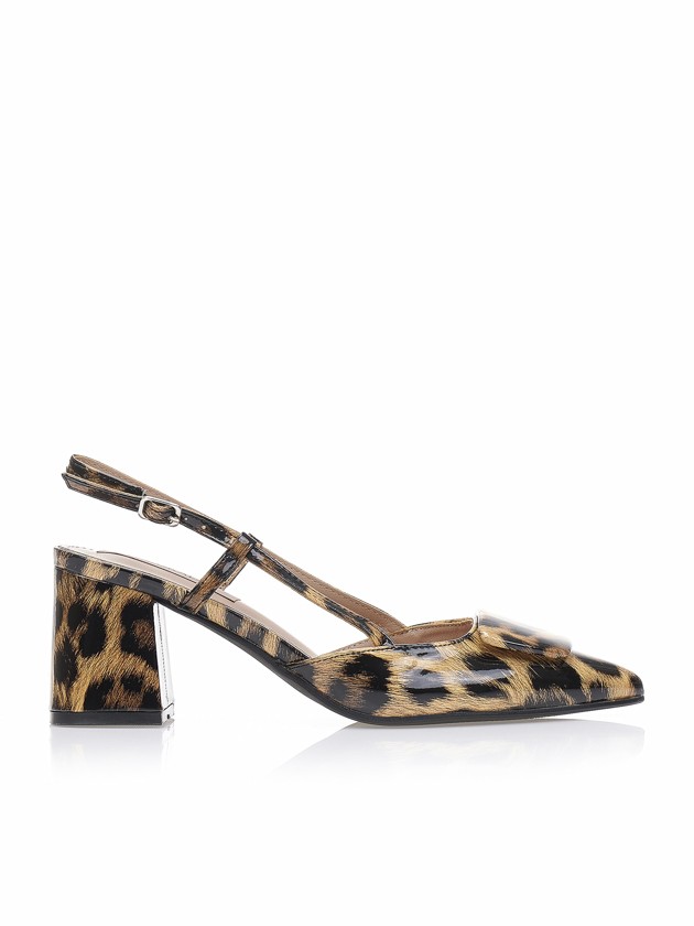 Γόβες mules animal print λουστρίνι με αγκράφα Brown Tsoukalas