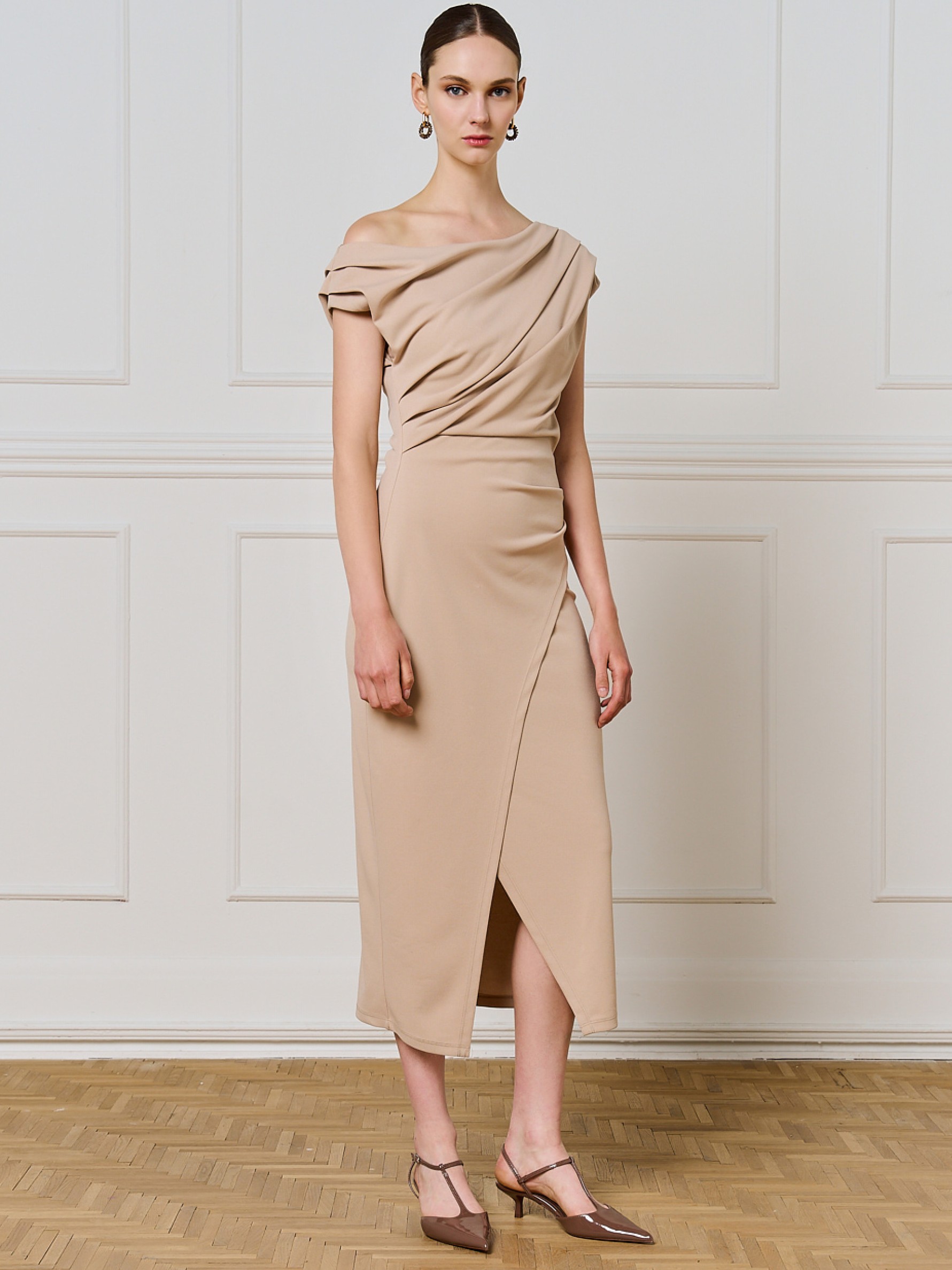 Φόρεμα μίντι pencil με σούρες Beige Access