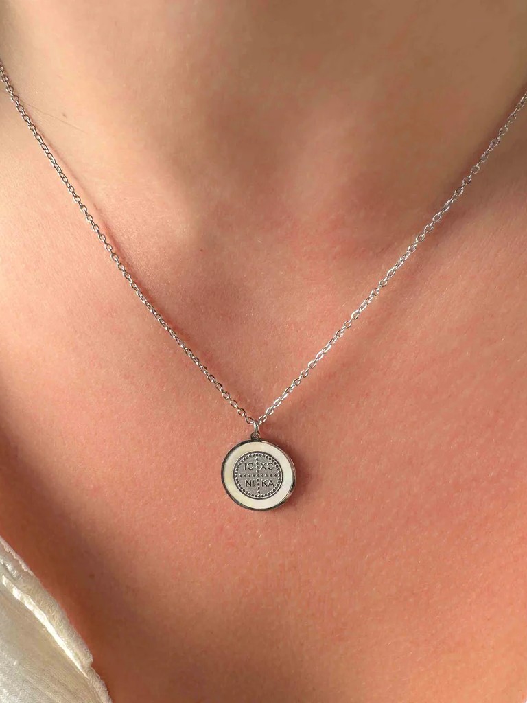 Necklace ΙCXC NIKA Round with Mother of Pearl - Steel Chain Silver Plated Elephantina