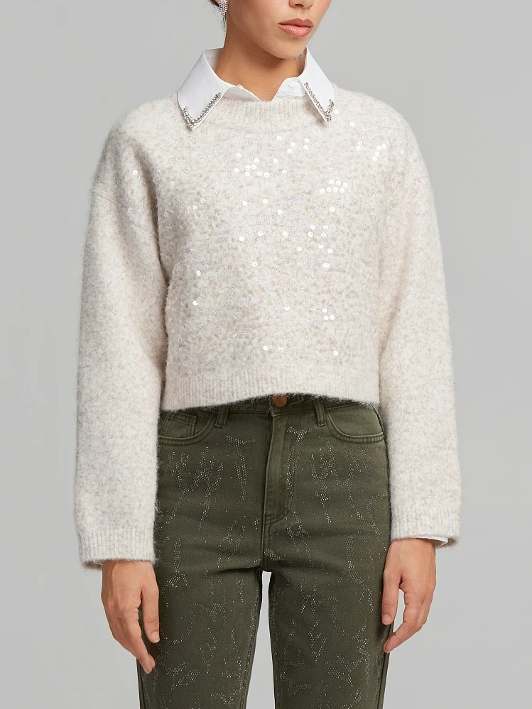 Πουλόβερ κρόπ με παγιέτες Beige Lynne