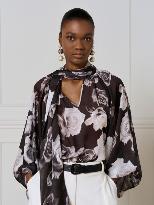 Μπλούζα με μακρύ μανίκι φλοράλ με δετό λαιμό Black Access
