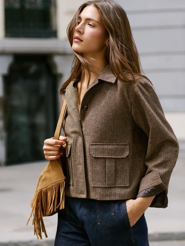 Τζάκετ κοντό ψαροκόκκαλο Triniti Brown Pepe jeans