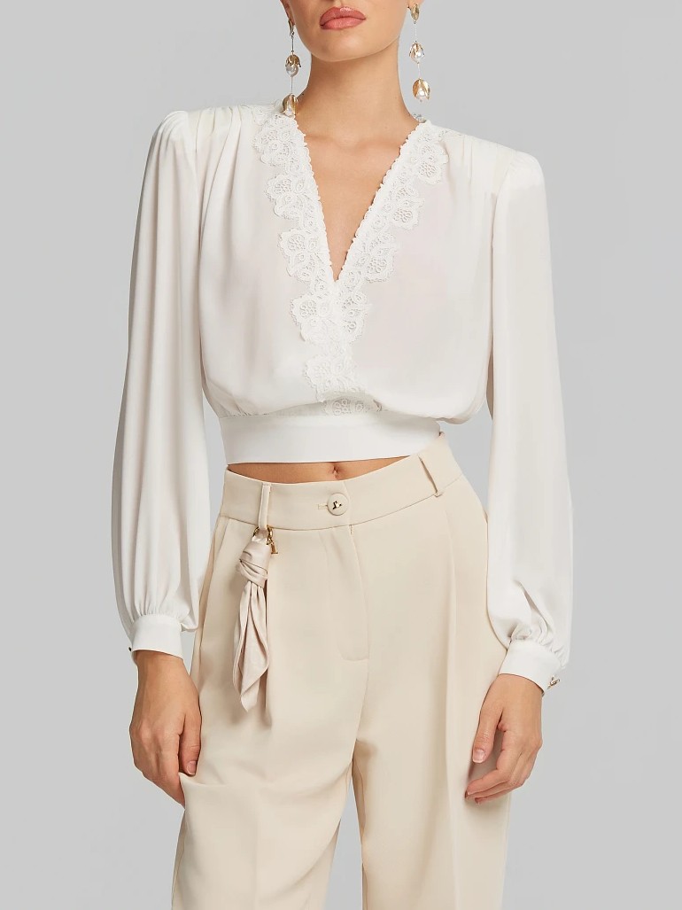 Μπλούζα κρουαζέ με δαντέλα White Lynne