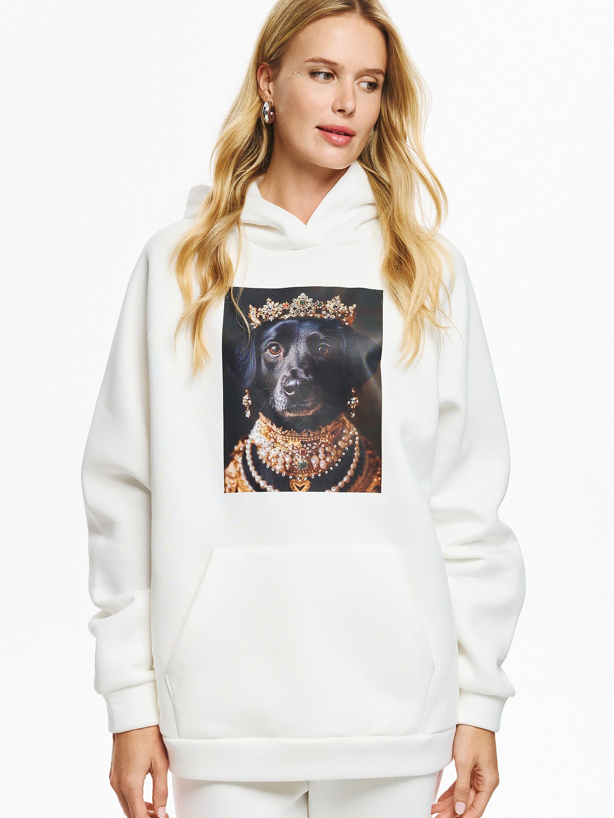 Μπλούζα Φούτερ με Τύπωμα Σκύλο με Κορώνα White De javu