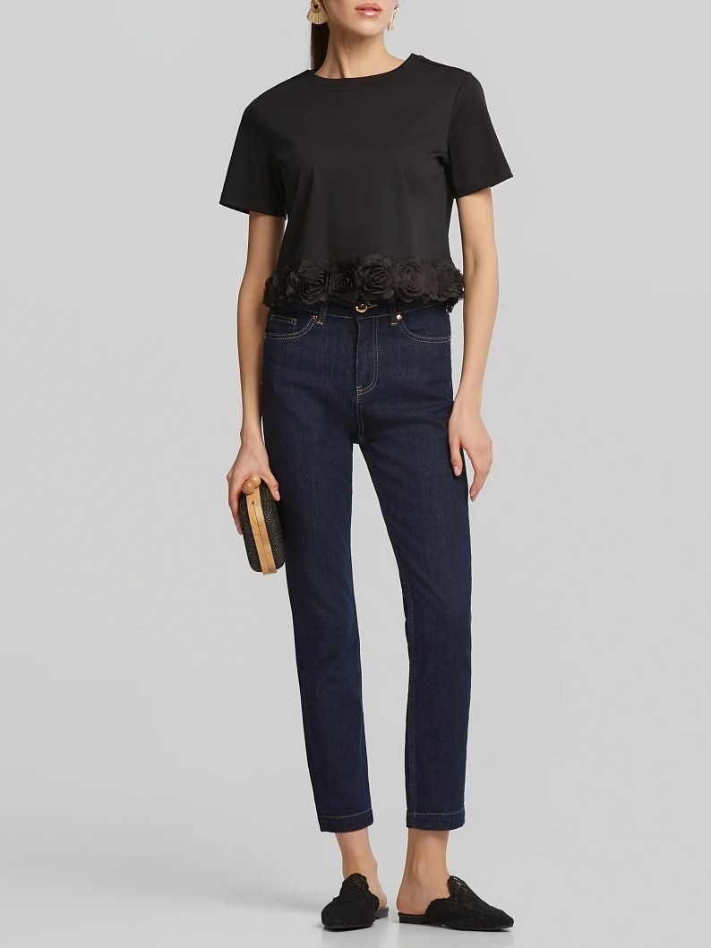 Μπλούζα κρόπ με απλικέ λουλούδια Black Lynne