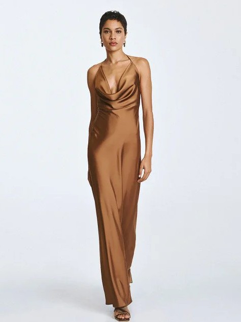 Φόρεμα μάξι με ντράπε λαιμόκοψη Brown Access