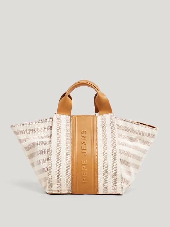 Τσάντα γυναικεία με ρίγες Niza Beige Pepe jeans