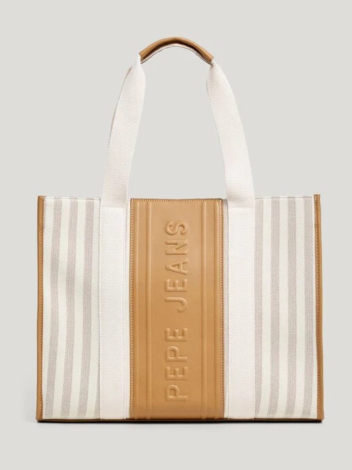 Τσάντα με ρίγες shopping Niza Beige Pepe jeans