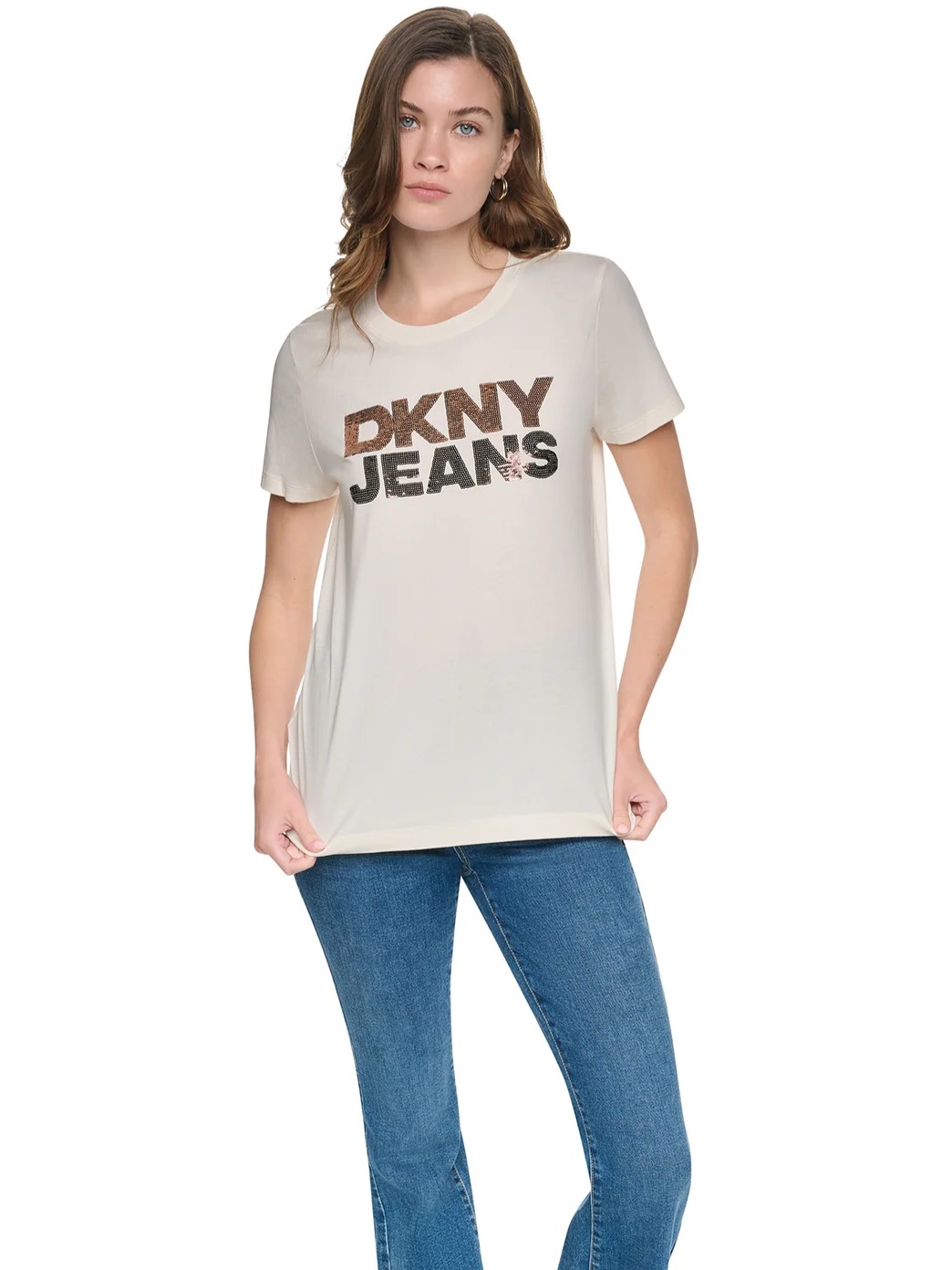 Μπλούζα με κοντό μανίκι sequin stacked Ecru DKNY