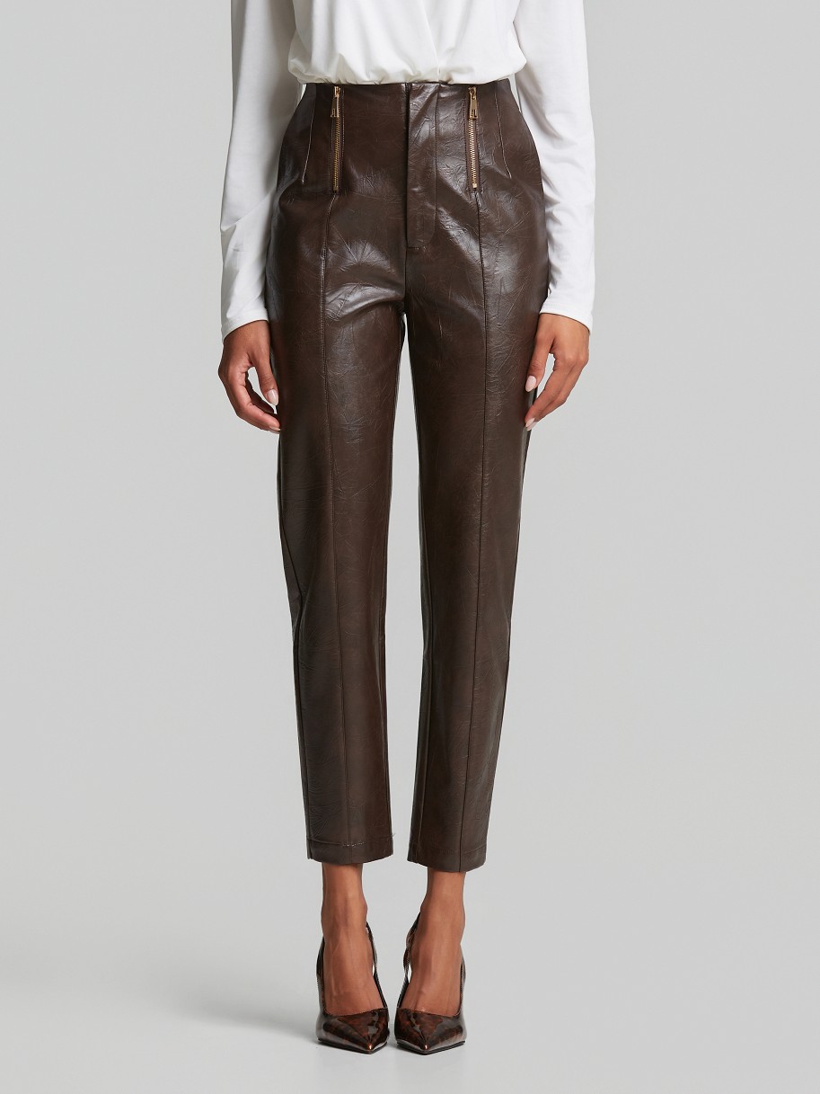Κροπ παντελόνι με κροκό δερμάτινη όψη Brown Lynne