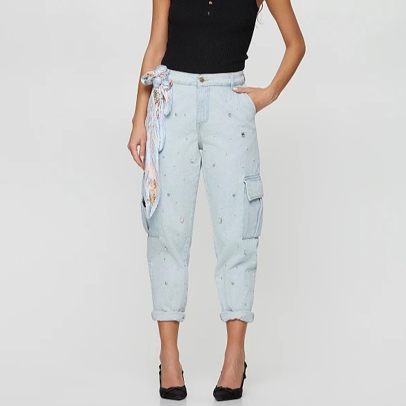 Παντελόνι τζιν Cargo με στρας Light Blue Lynne