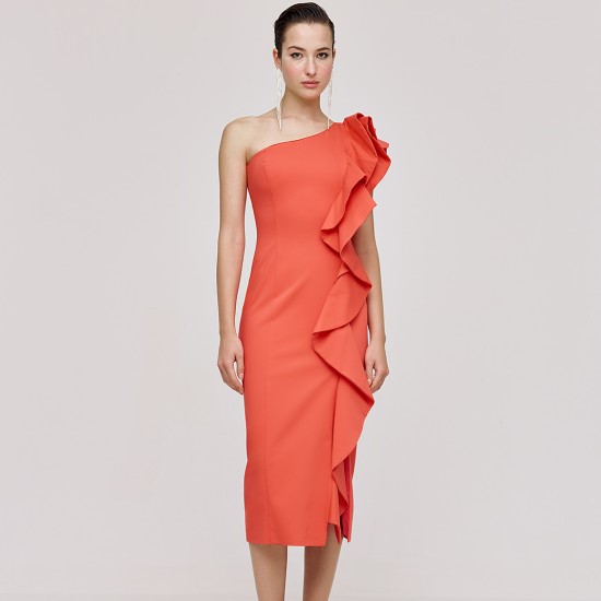 Φόρεμα Midi με έναν ώμο και βολάν Coral Access