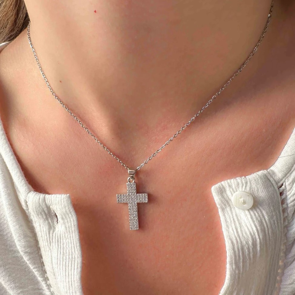 Cross with white zircons and silver-plated steel chain Silver Elephantina