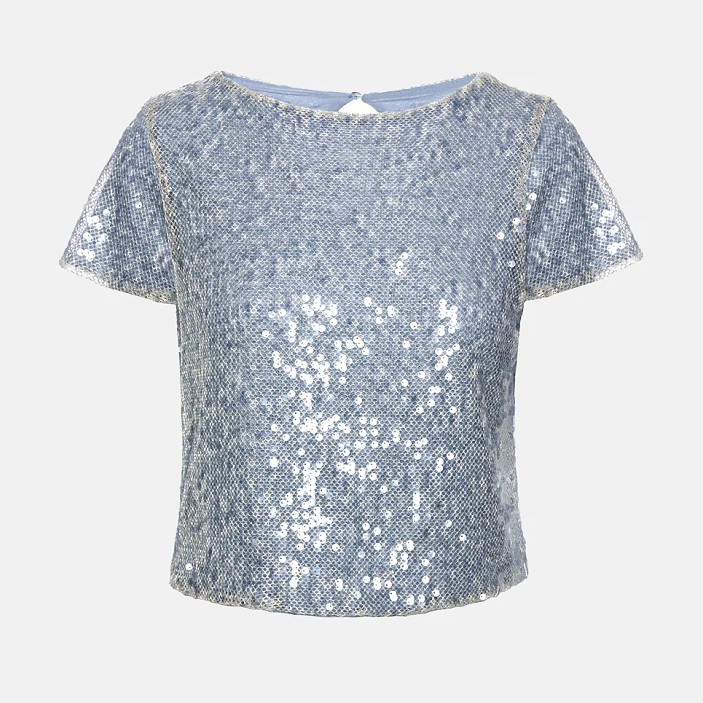 Μπλούζα με κοντό μανίκι κρόπ και παγιέτες blue Lynne