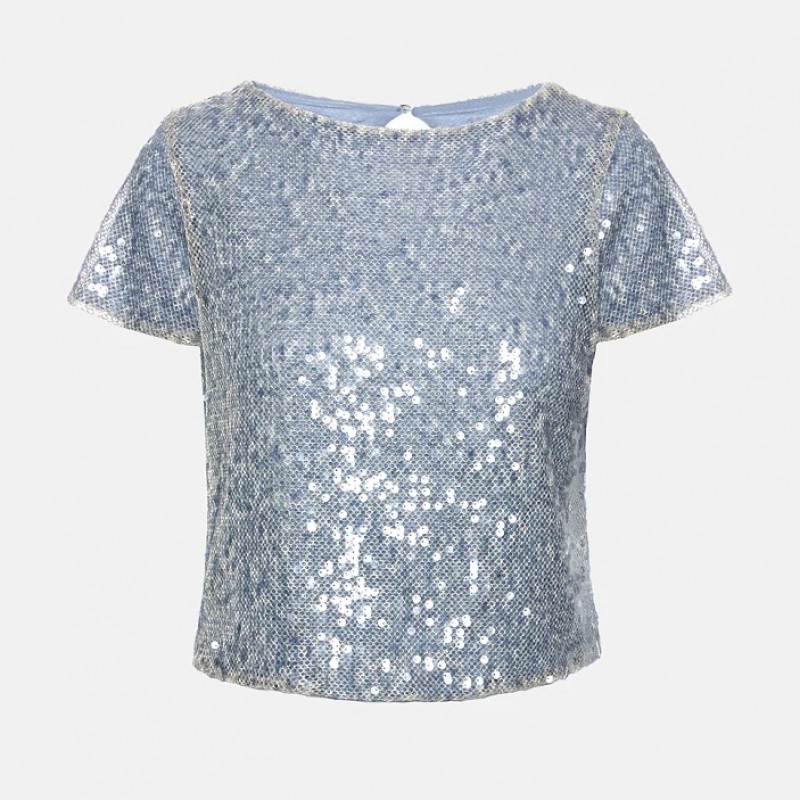 Μπλούζα με κοντό μανίκι κρόπ και παγιέτες blue Lynne
