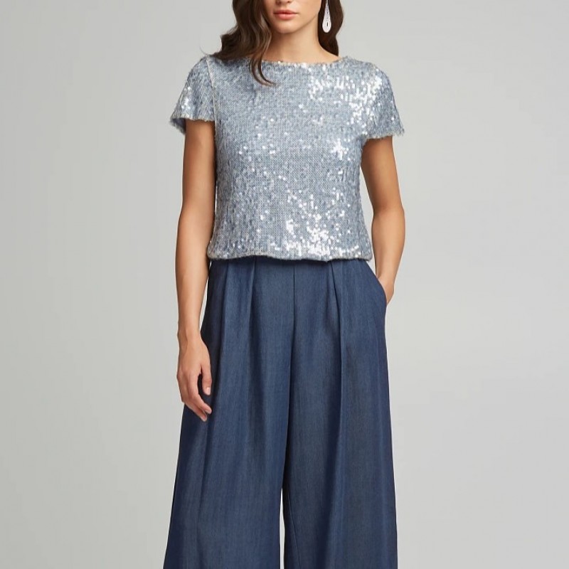 Μπλούζα με κοντό μανίκι κρόπ και παγιέτες blue Lynne