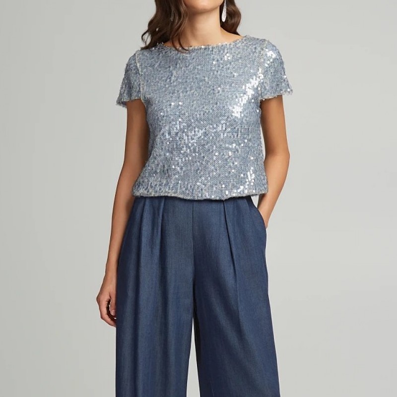 Μπλούζα με κοντό μανίκι κρόπ και παγιέτες blue Lynne