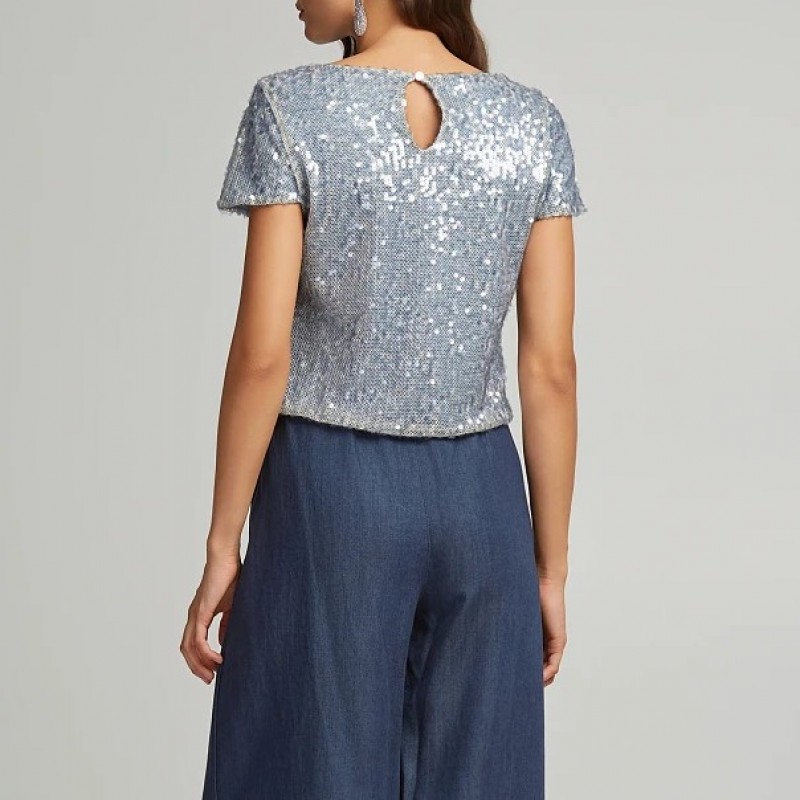 Μπλούζα με κοντό μανίκι κρόπ και παγιέτες blue Lynne