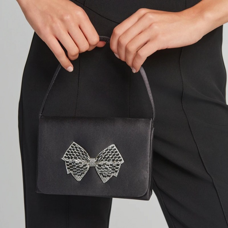 Satin handbag with rhinestone bow black Lynne