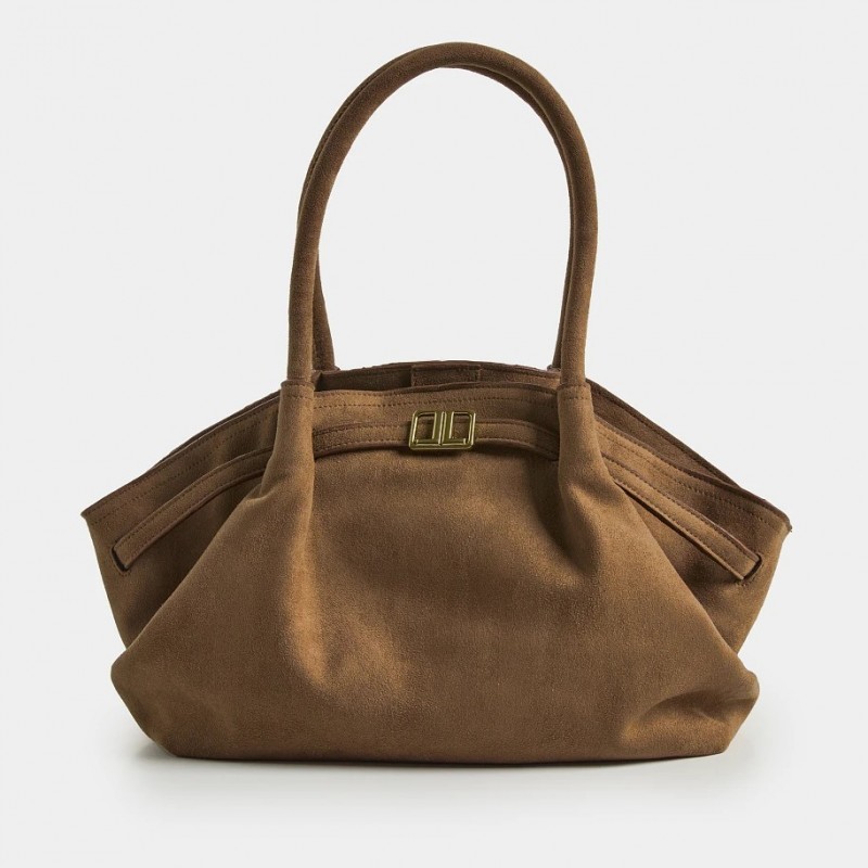 Tσάντα ώμου με πιέτες και σουέτ όψη Brown Lynne