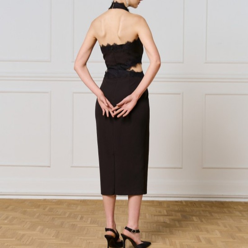 Φόρεμα μίντι halter με δαντέλα Black Access