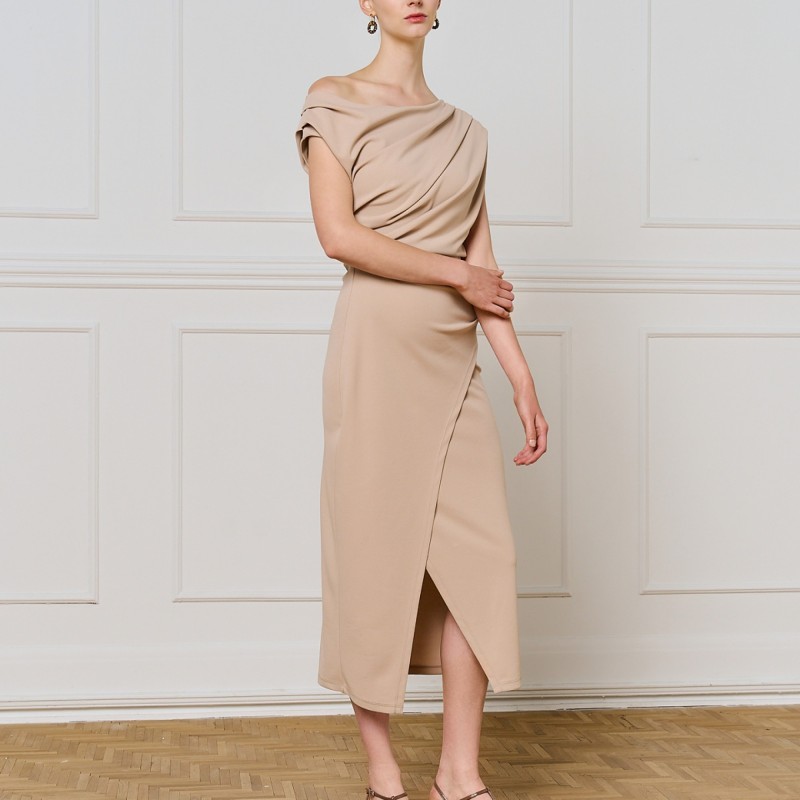 Φόρεμα μίντι pencil με σούρες Beige Access