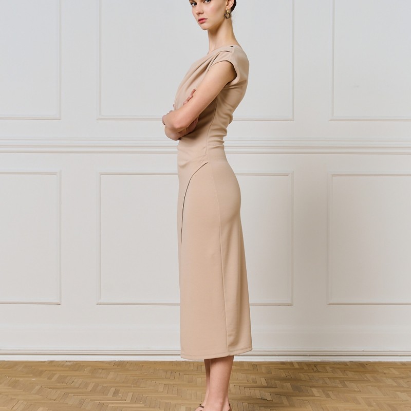 Φόρεμα μίντι pencil με σούρες Beige Access