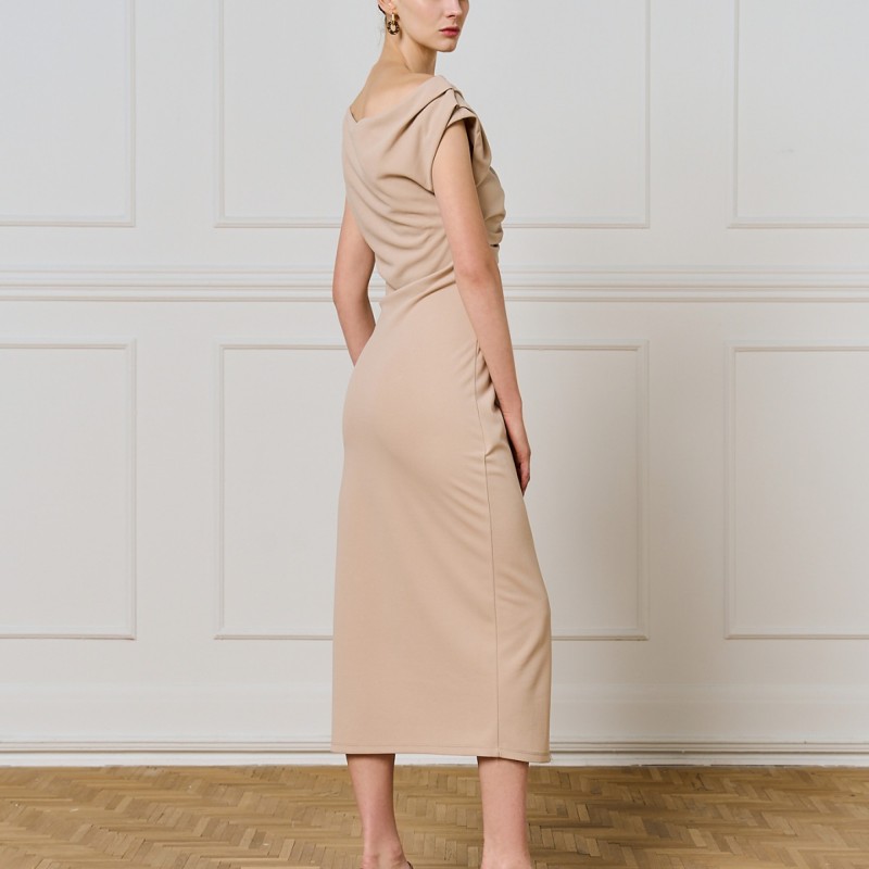 Φόρεμα μίντι pencil με σούρες Beige Access