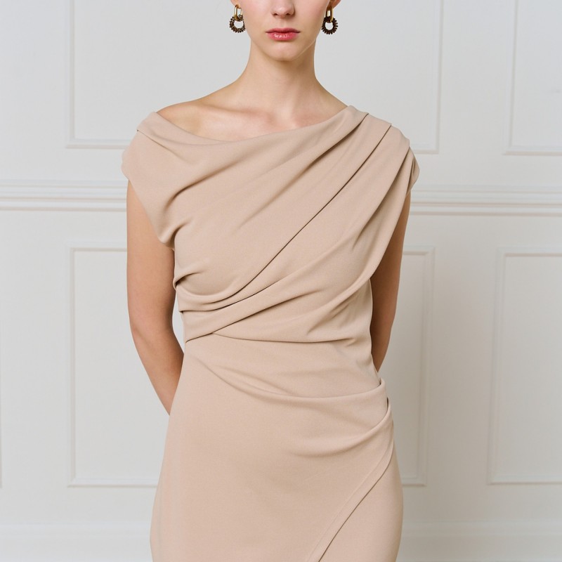 Φόρεμα μίντι pencil με σούρες Beige Access