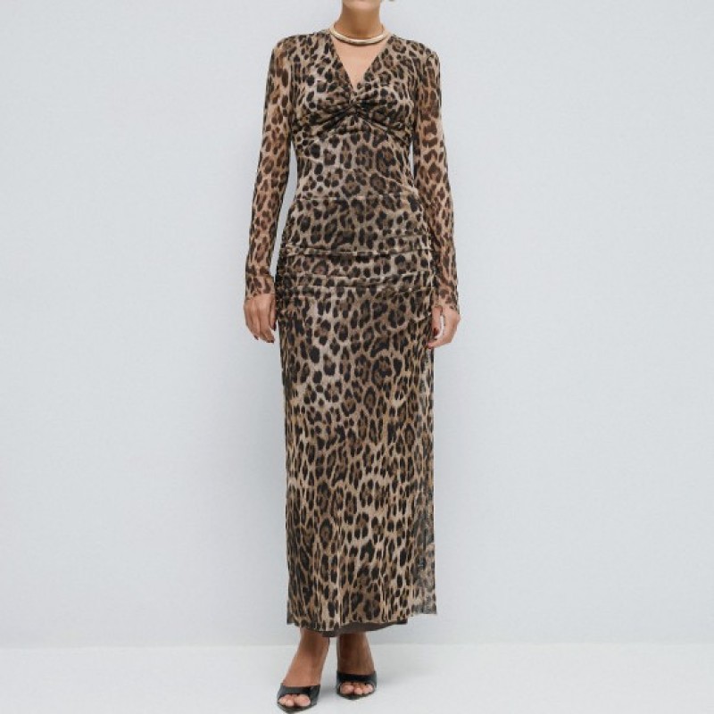 Φόρεμα μάξι λεοπάρ με τούλι Brown Access