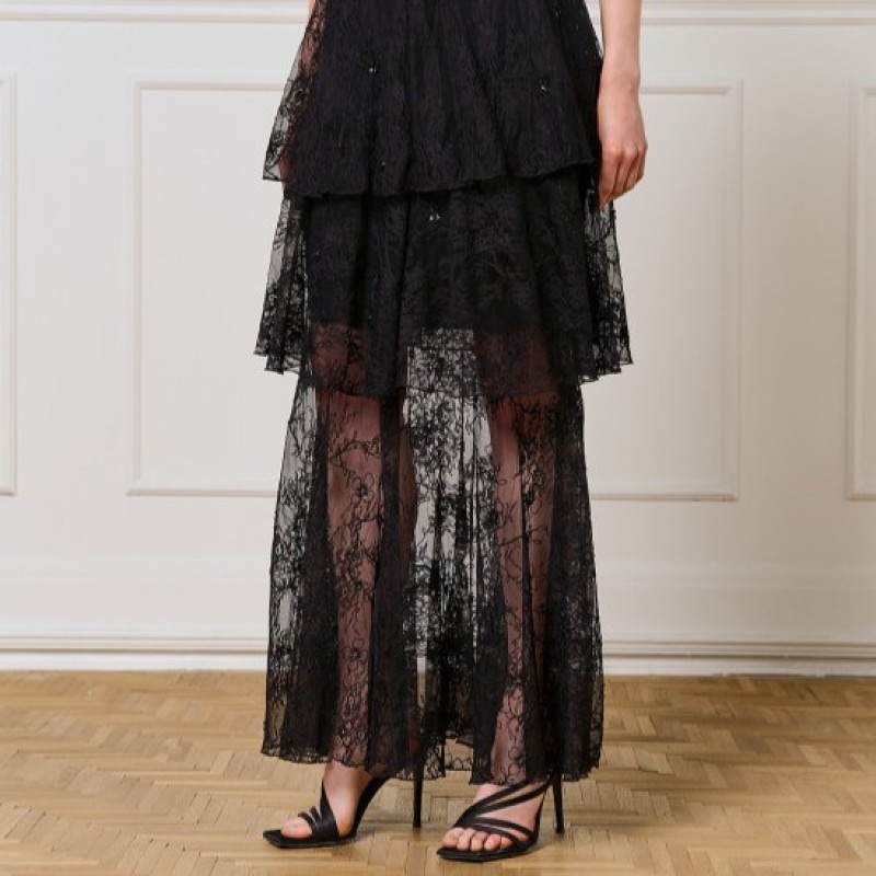 Φούστα μάξι από δαντέλα με βολάν Black Access