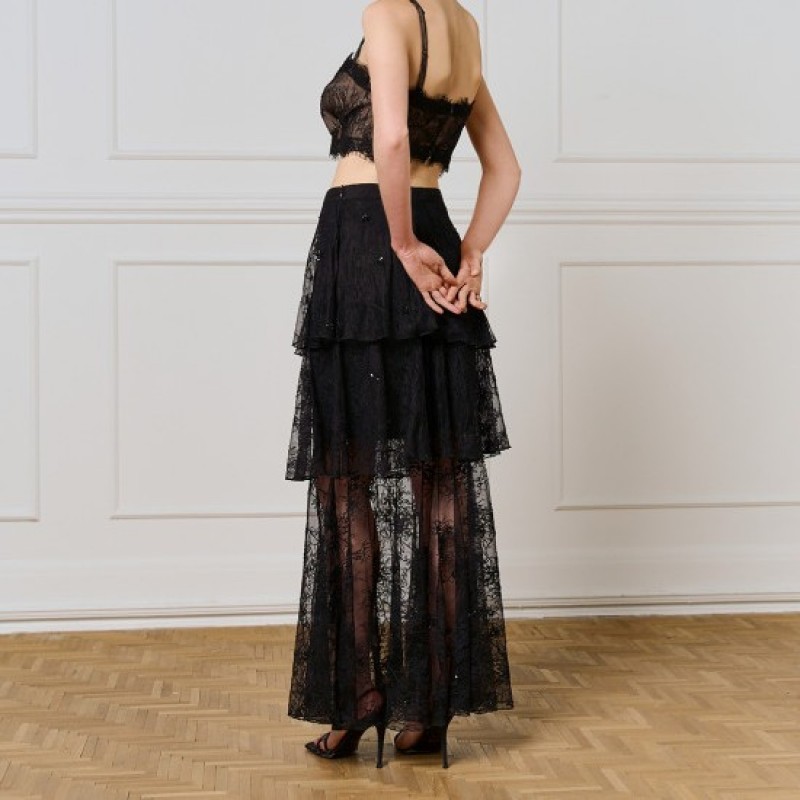 Φούστα μάξι από δαντέλα με βολάν Black Access