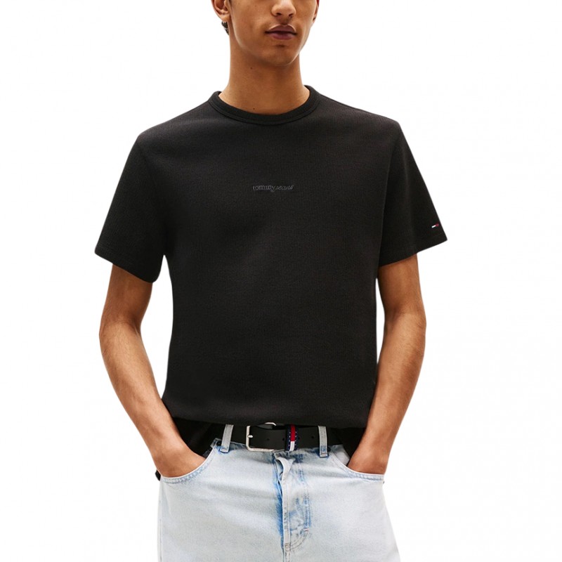 Μπλούζα με κοντό μανίκι slim waffle script tee Black Tommy jeans