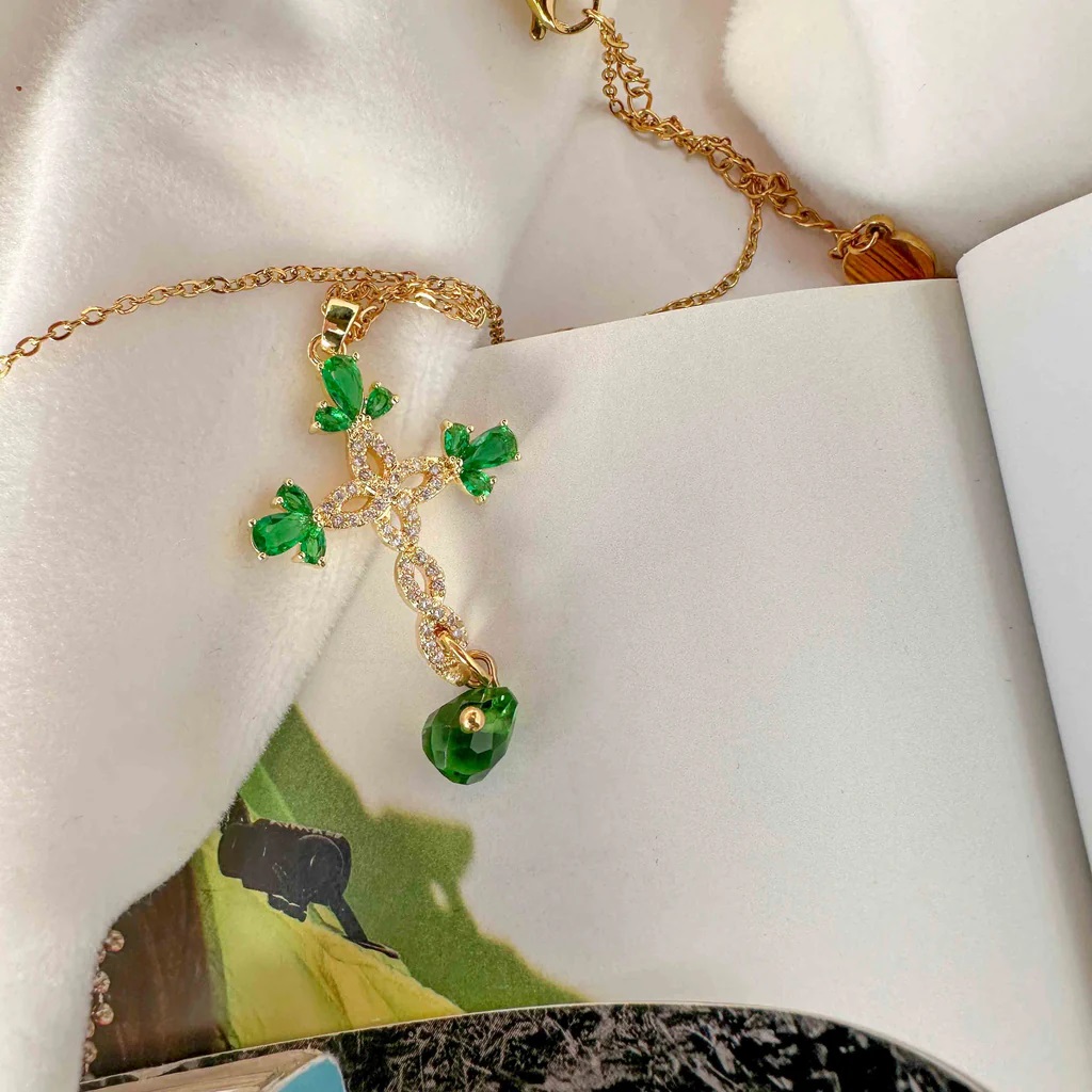Cross with white zircon green crystals and drop Golden Elephantina