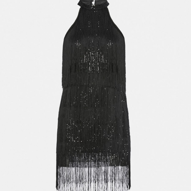 Μίνι έξωμο φόρεμα με κρόσσια Black Lynne