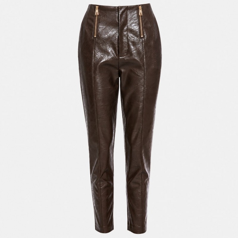Κροπ παντελόνι με κροκό δερμάτινη όψη Brown Lynne