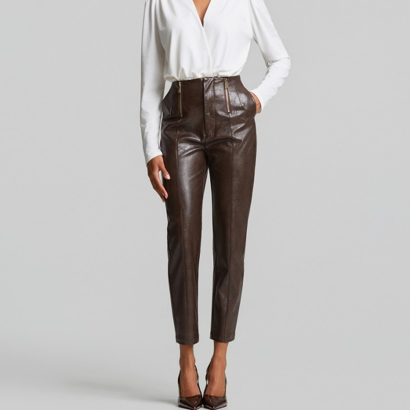 Κροπ παντελόνι με κροκό δερμάτινη όψη Brown Lynne