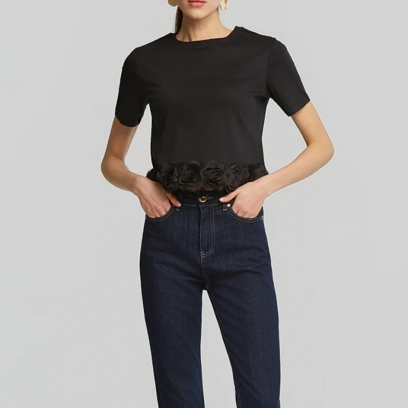 Μπλούζα κρόπ με απλικέ λουλούδια Black Lynne