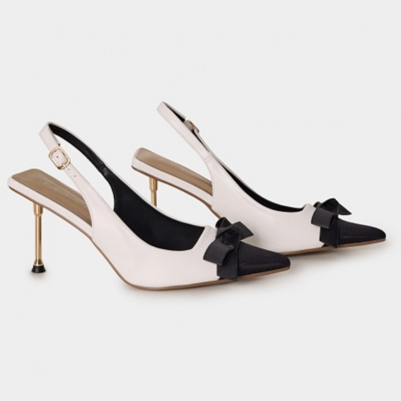 Γόβες mules nude δερματίνη με φιόγκο Black-White Lynne