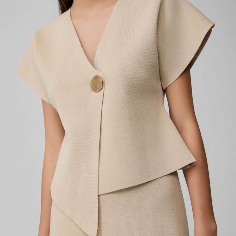 Μπλούζα κοντομάνικη με πλέξη ριμπ κλείσιμο με μεταλλικό κουμπί Beige Fullah sugah