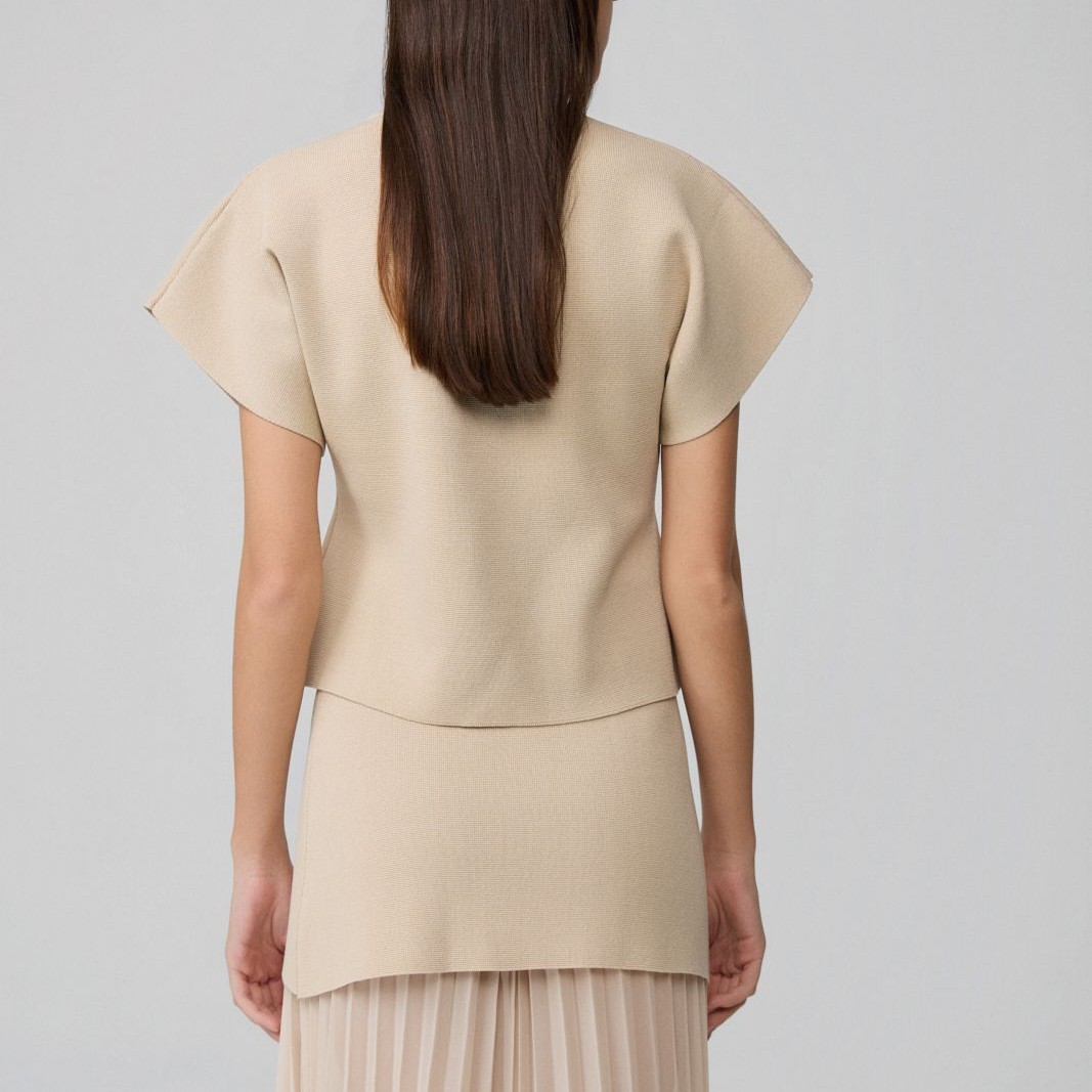 Μπλούζα κοντομάνικη με πλέξη ριμπ κλείσιμο με μεταλλικό κουμπί Beige Fullah sugah