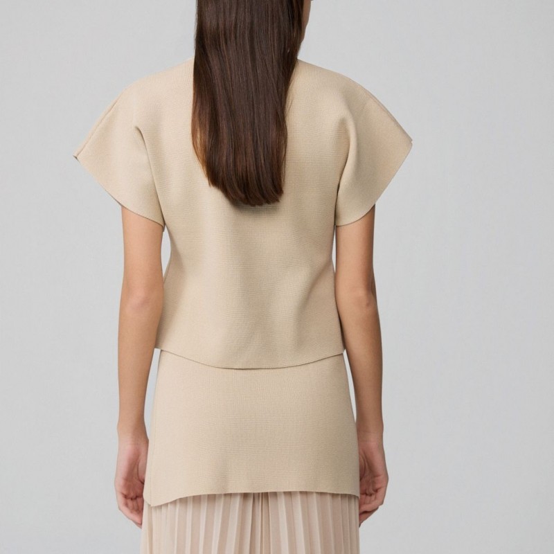 Μπλούζα κοντομάνικη με πλέξη ριμπ κλείσιμο με μεταλλικό κουμπί Beige Fullah sugah