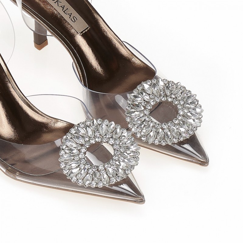 Γόβες καφέ λουστρίνι με διαφάνεια και αγκράφα από στρας Brown Tsoukalas