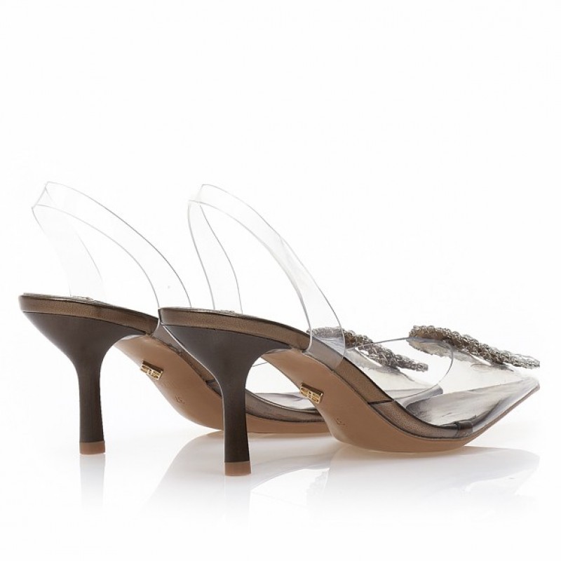 Γόβες καφέ λουστρίνι με διαφάνεια και αγκράφα από στρας Brown Tsoukalas