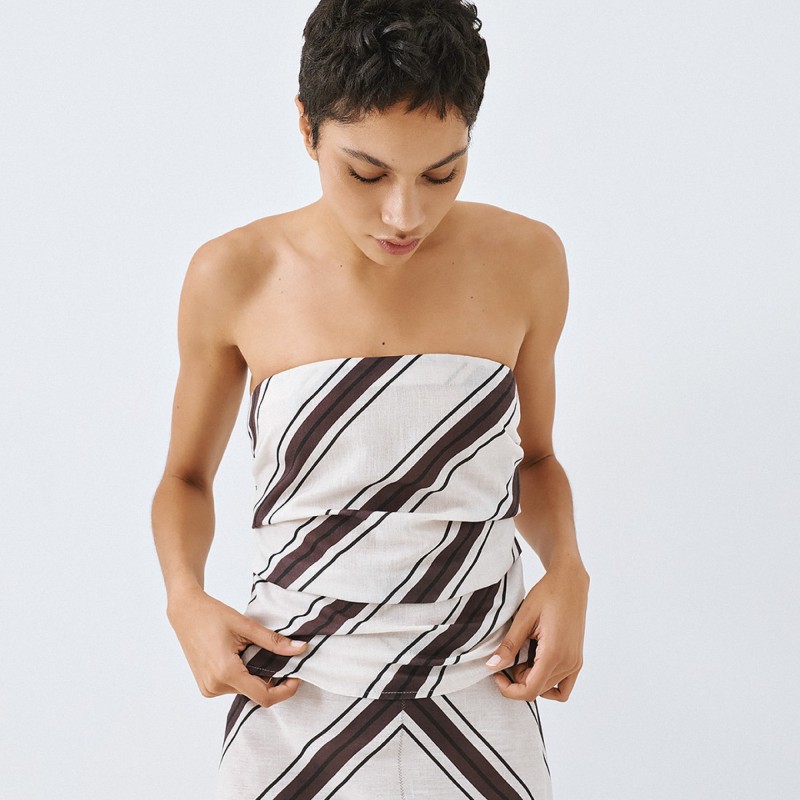 Τόπ ριγέ στράπλες με σούρα Brown Access