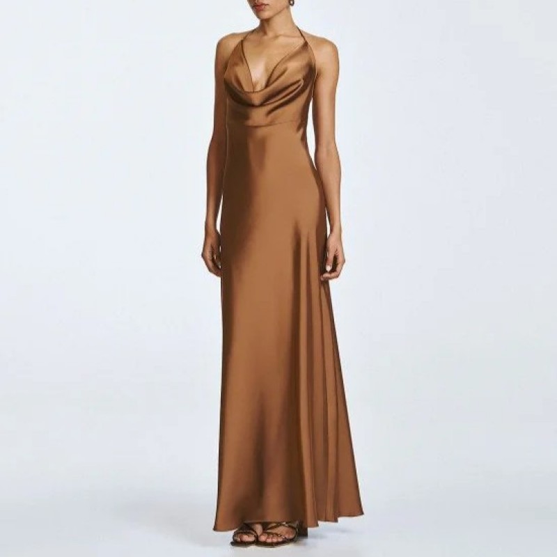 Φόρεμα μάξι με ντράπε λαιμόκοψη Brown Access