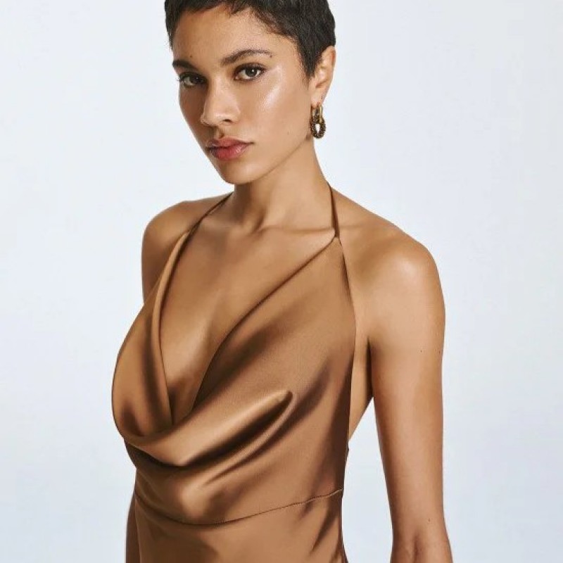 Φόρεμα μάξι με ντράπε λαιμόκοψη Brown Access